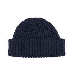 A luxurious William Lockie Dark Navy Cashmere Short Ribbed Beanie graces the black background, exuding elegance and warmth.