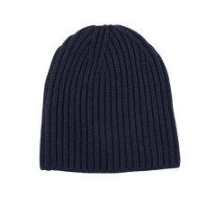 The Dark Navy Cashmere Short Ribbed Beanie by William Lockie is elegantly showcased on a pristine white background.