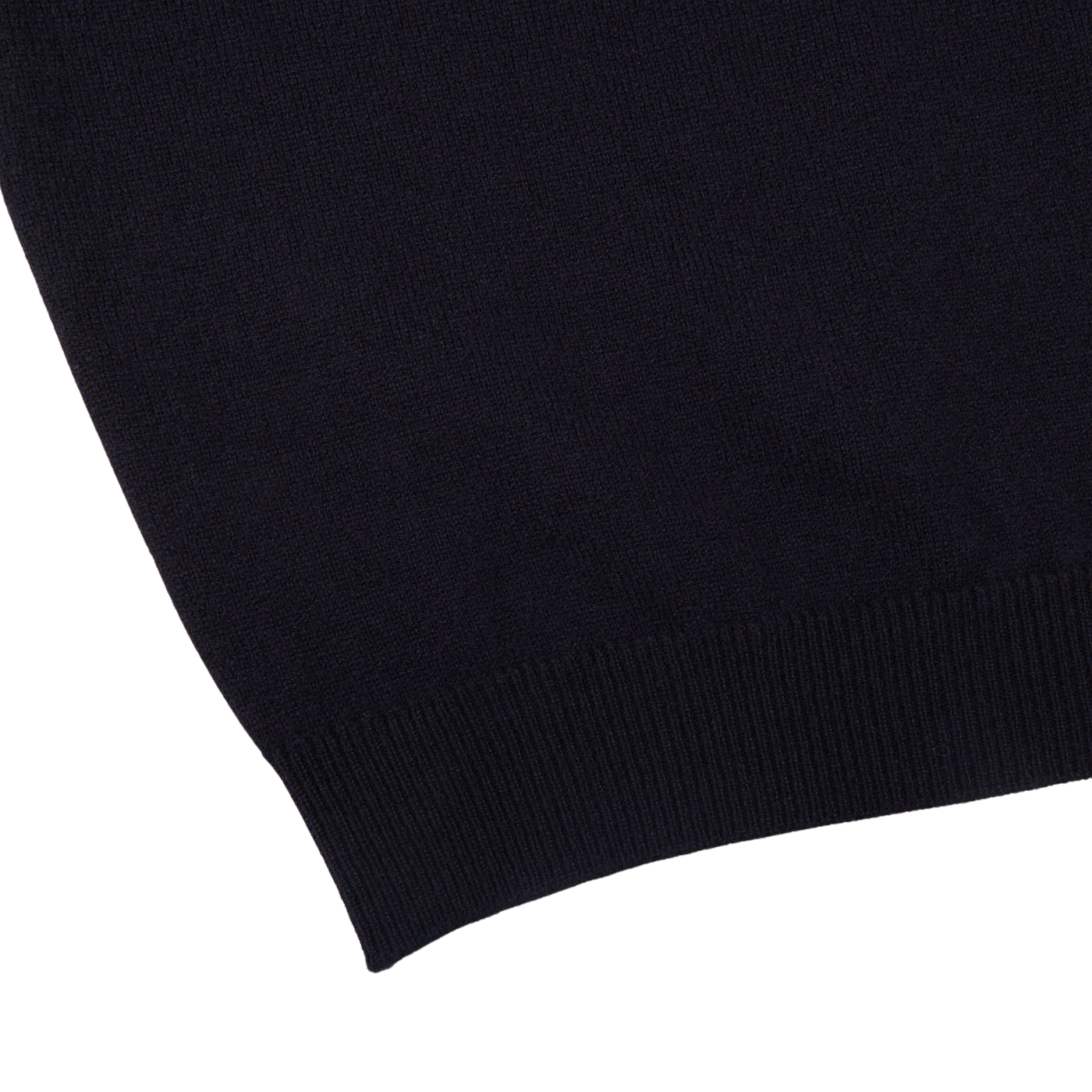 A comfy close up of a William Lockie Dark Navy V-Neck Lambswool Sweater.