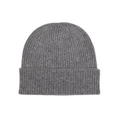 A warm, Derby Grey Cashmere Fine Ribbed Beanie crafted from cashmere, showcased against a white background, made by William Lockie.