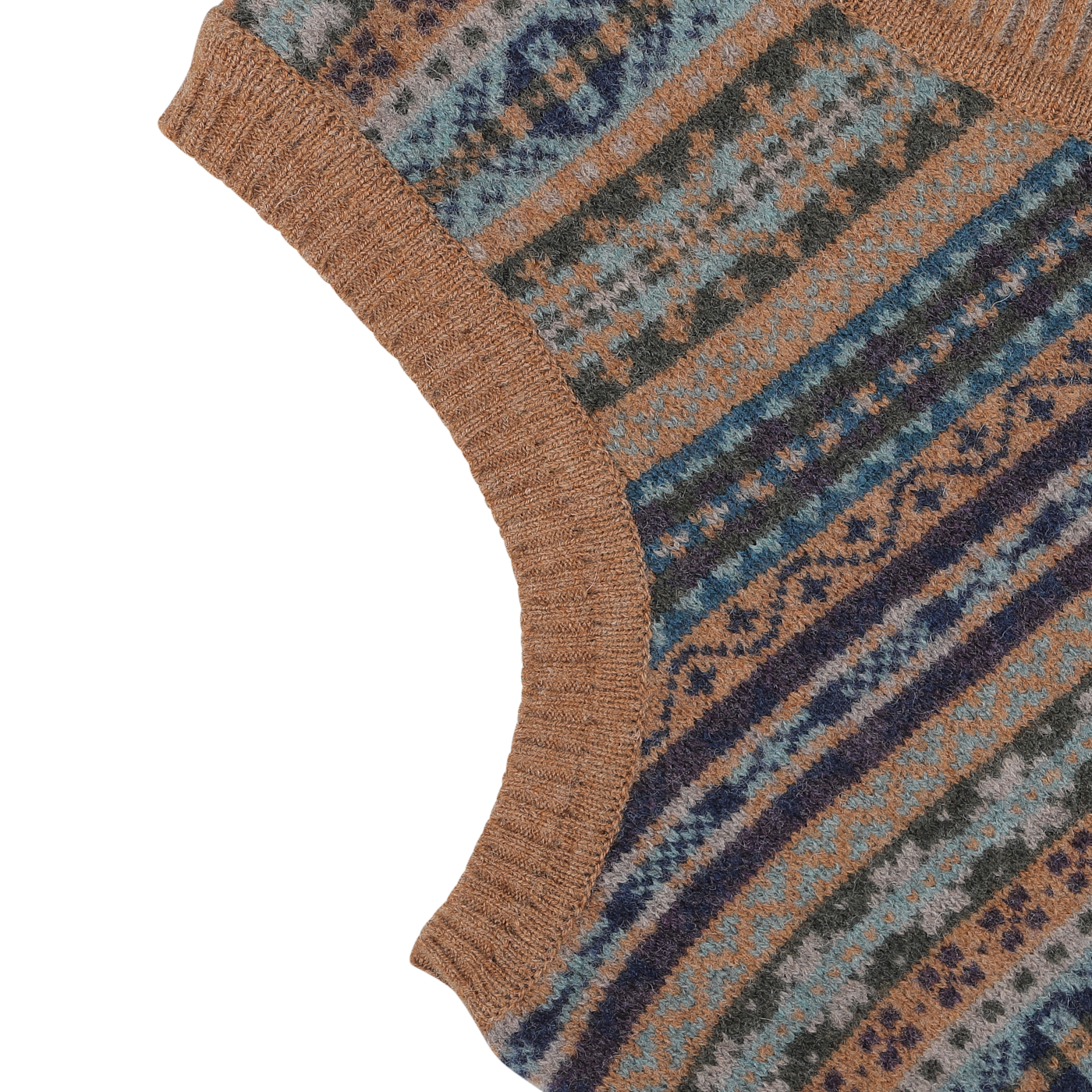 Close-up of a knitted fabric with a multicolored geometric pattern in shades of blue, driftwood brown, and green. The fabric has a ribbed edge, reminiscent of the exquisite craftsmanship found in the Driftwood Brown Fair Isle V-Neck Lambswool Slipover by William Lockie.