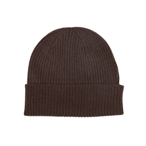 A Ebony Brown Cashmere Fine Ribbed Beanie by William Lockie on a white background.