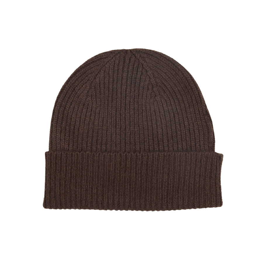 A Ebony Brown Cashmere Fine Ribbed Beanie by William Lockie on a white background.