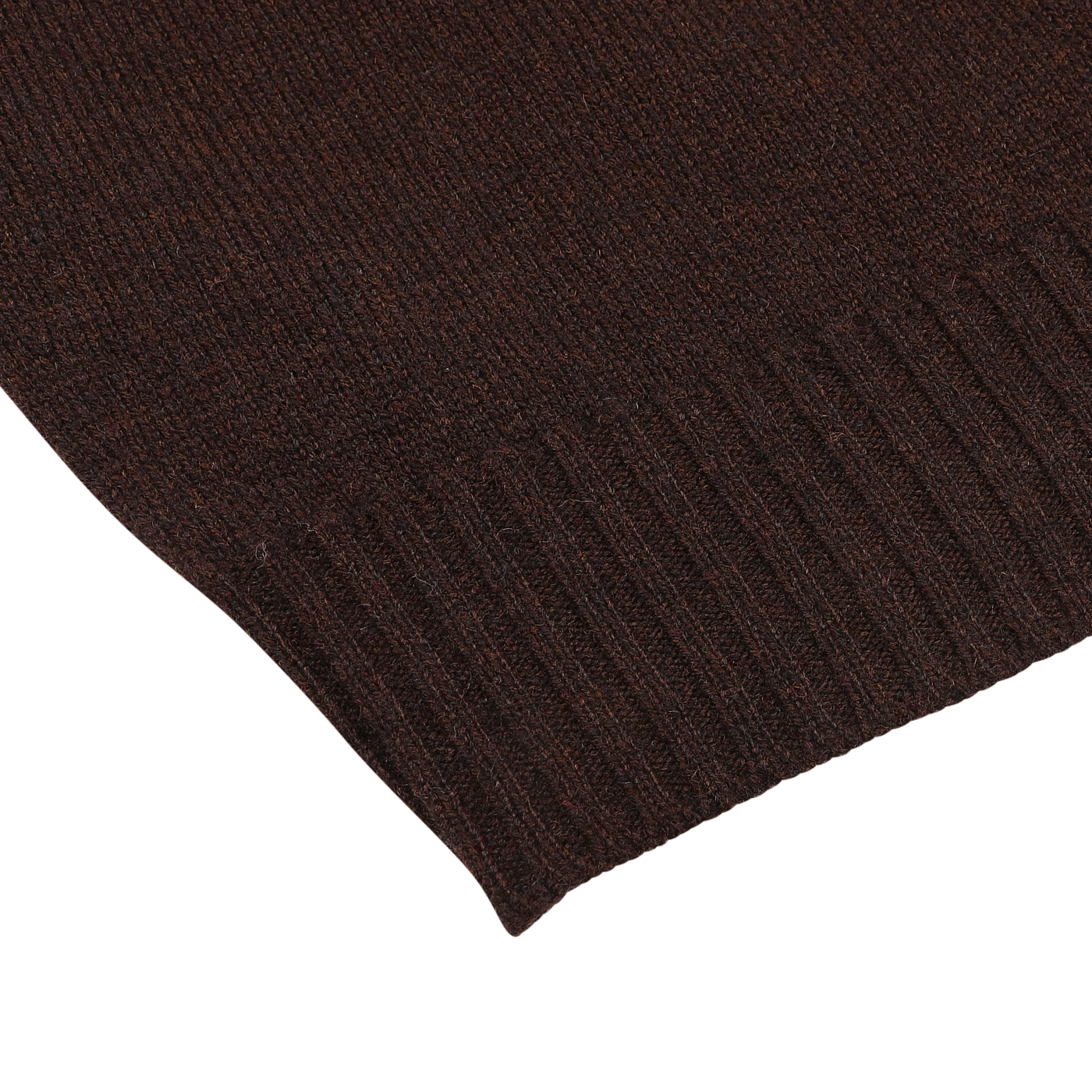 Close-up of the William Lockie Ebony Brown Crew-Neck Lambswool Sweater with a ribbed hem, exemplifying smart casual knitwear.