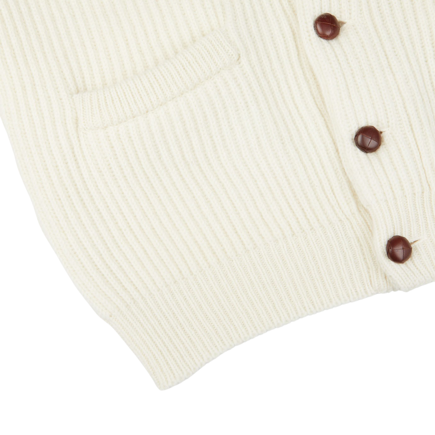 A William Lockie Ecru Beige Lambswool Shawl Collar Cardigan, featuring buttons on the front.