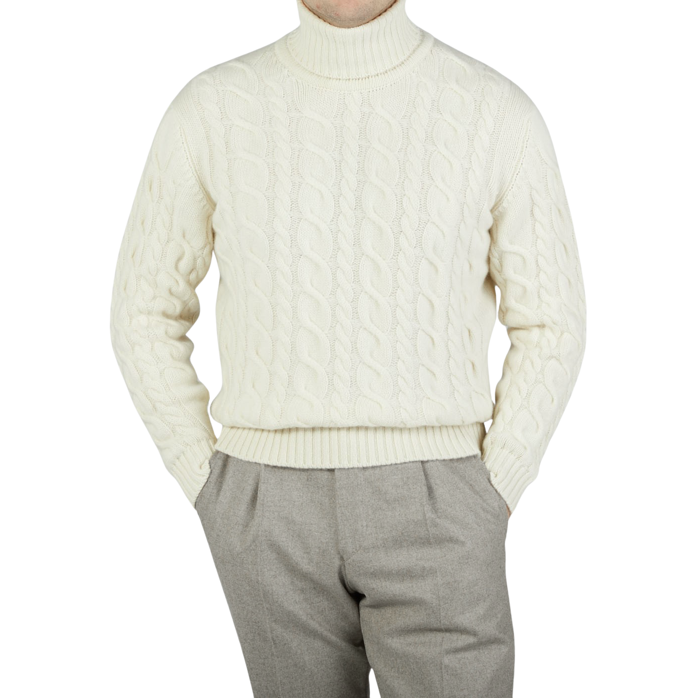 William Lockie, a man wearing an Ecru Cable Knit Pure Cashmere Rollneck sweater made by William Lockie.