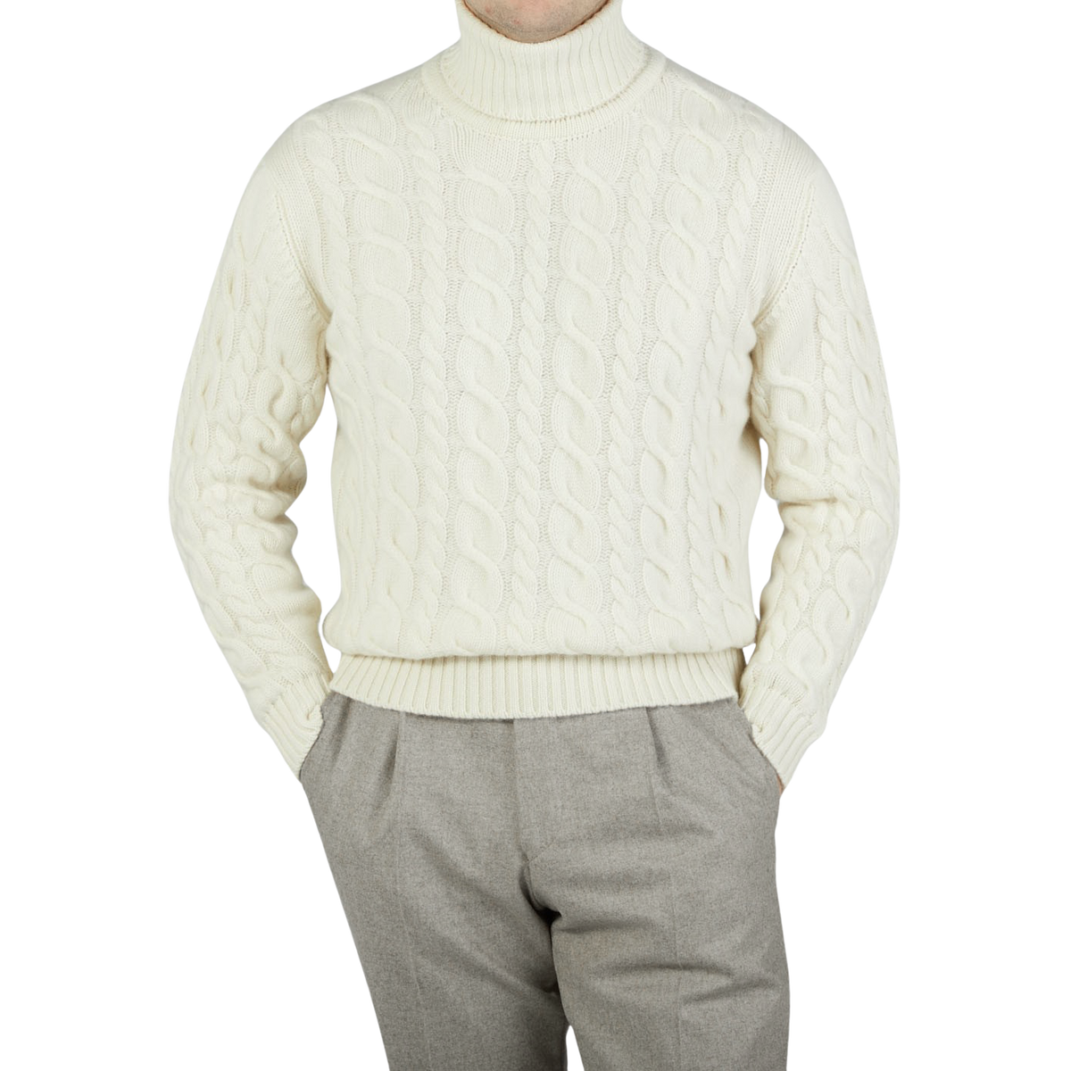 William Lockie, a man wearing an Ecru Cable Knit Pure Cashmere Rollneck sweater made by William Lockie.