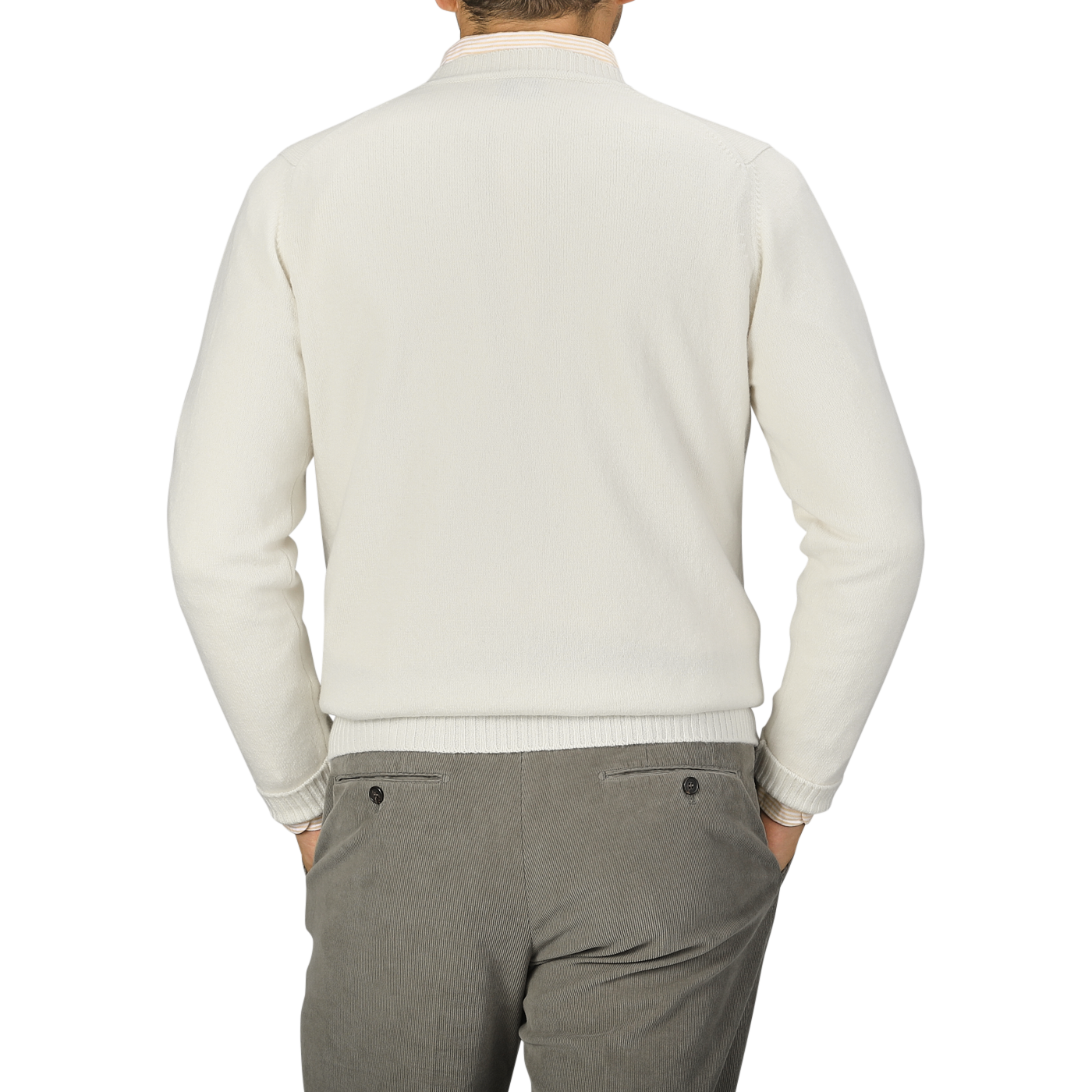 A person wearing an Ecru Crew Neck Lambswool Sweater by William Lockie and grey pants is shown from the back against a plain grey background.