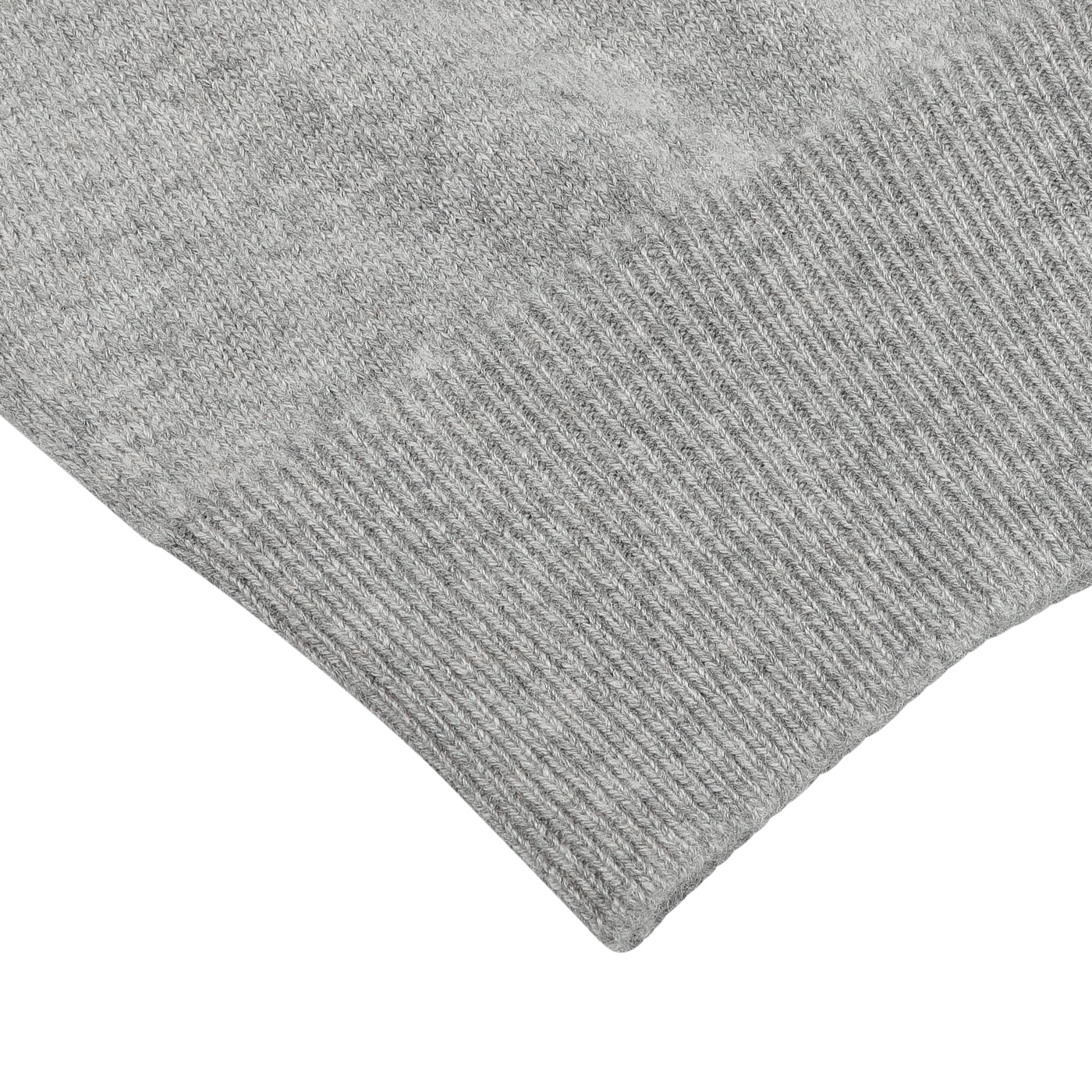 Close-up of a William Lockie Flannel Grey Deep V-Neck Lambswool Sweater, highlighting its detailed texture and stitching with a ribbed edge at the bottom.