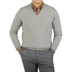 William Lockie's Flannel Grey V-Neck Lambswool Sweater