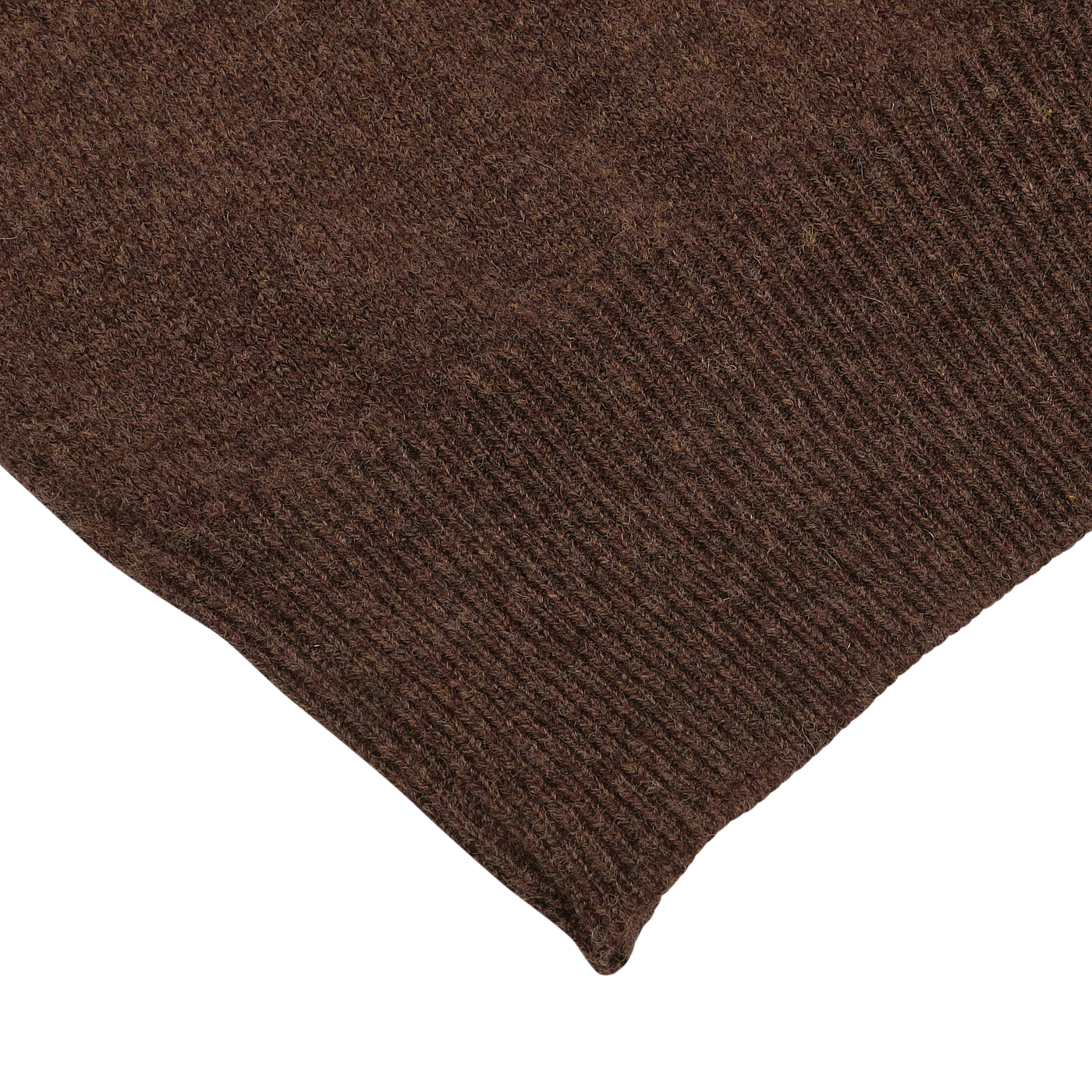 Close-up of the corner of a hickory brown knitted fabric piece, part of the William Lockie regular fit Hickory Brown Deep V-Neck Lambswool Sweater, showing the texture and weave pattern clearly.