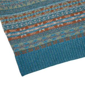 A William Lockie Hunter Blue Fair Isle V-Neck Lambswool Slipover with a blue and orange pattern.