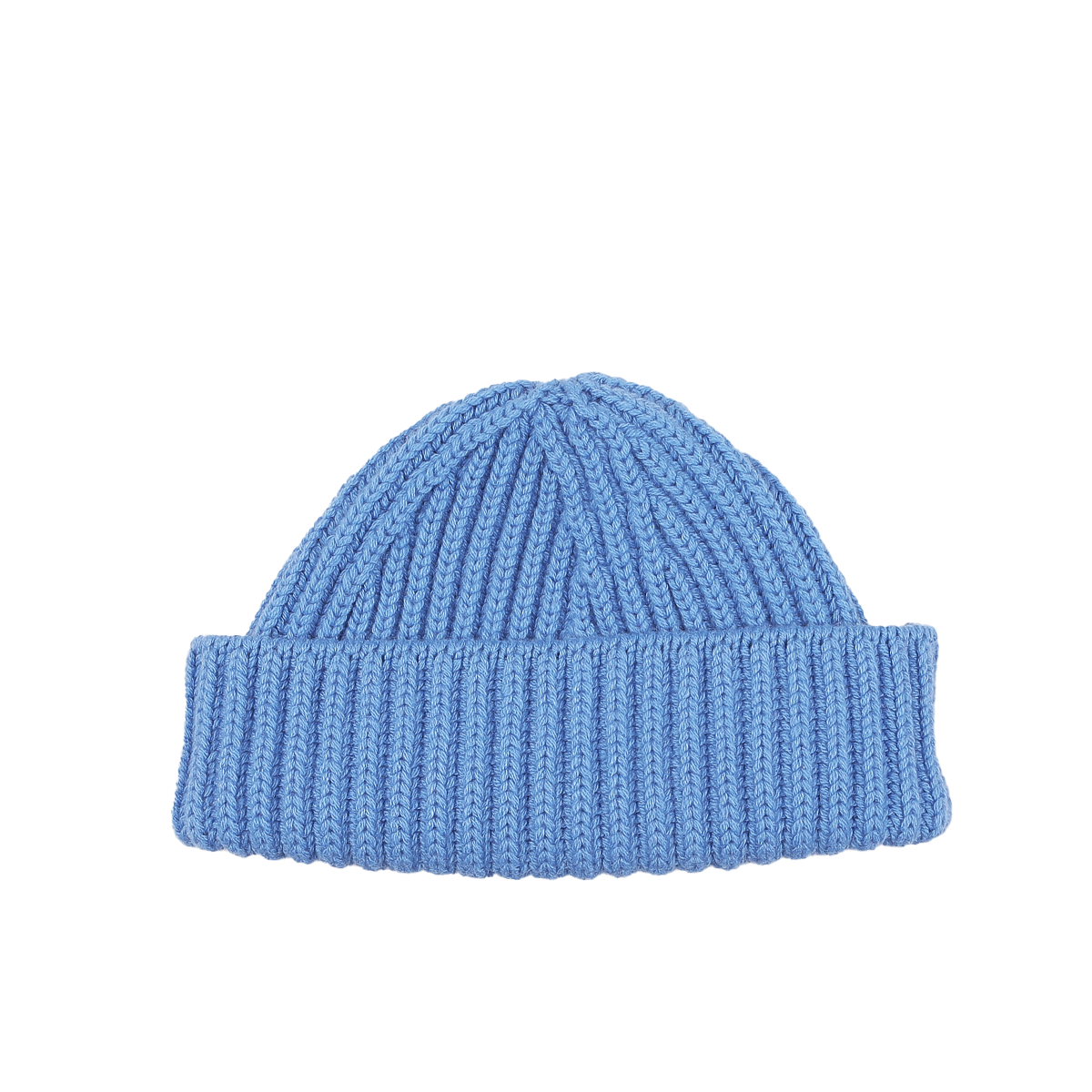 The William Lockie Isfahan Blue Cashmere Ribbed Short Beanie features a folded brim and is crafted from luxurious cashmere thread.