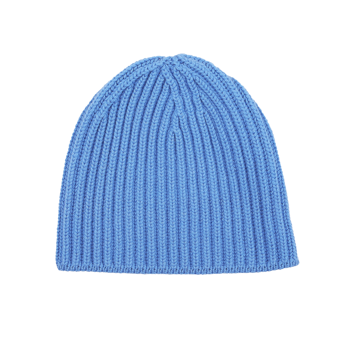 This Isfahan Blue Cashmere Ribbed Short Beanie by William Lockie features a cozy knitted design with luxurious cashmere thread.