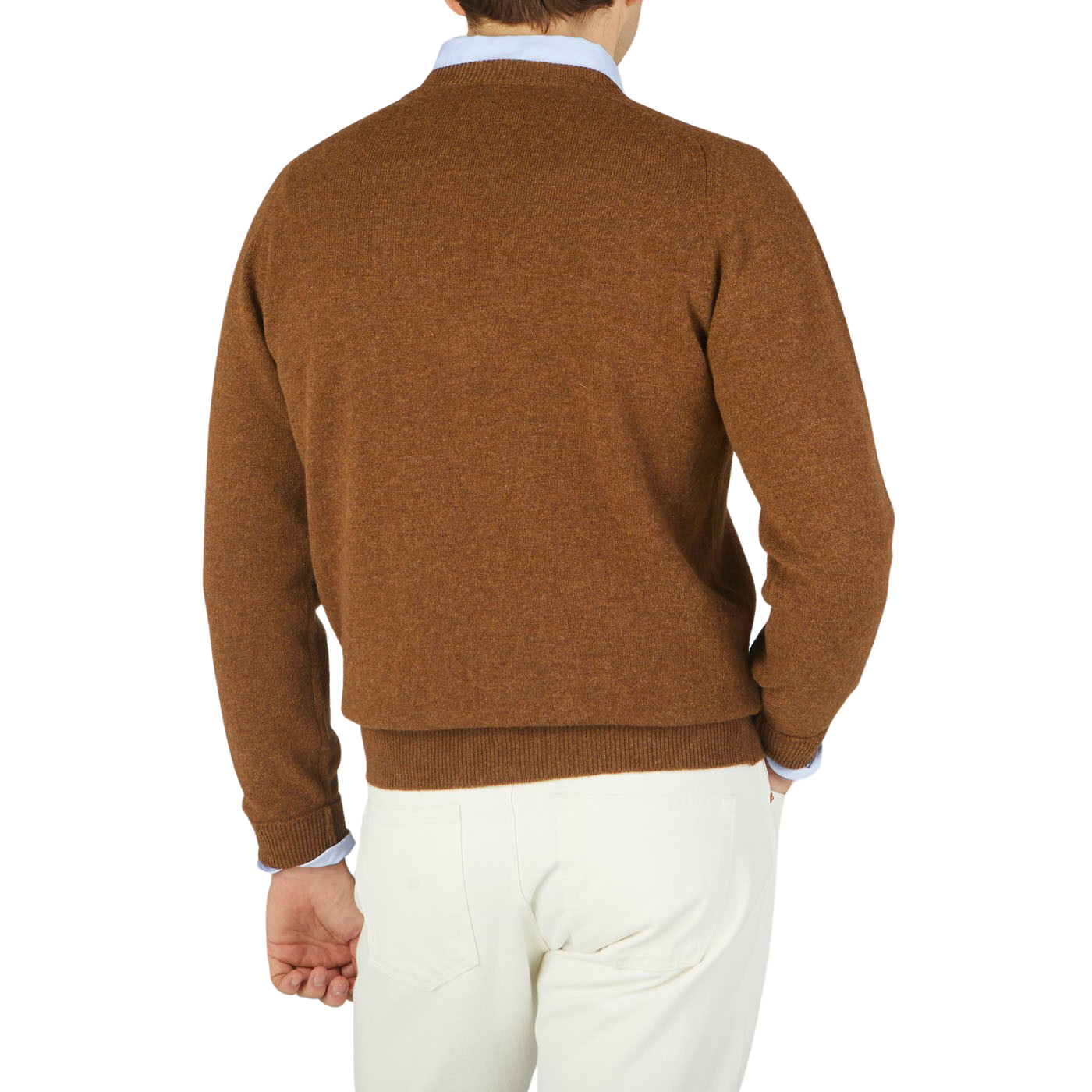 The back view of a man wearing a William Lockie Kestrel Brown Deep V-Neck Lambswool Sweater.