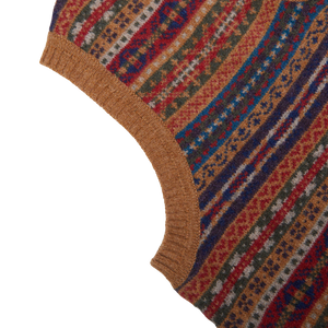 A multicolored Light Brown Fair Isle V-Neck Lambswool Slipover made from Scottish lambswool by William Lockie.