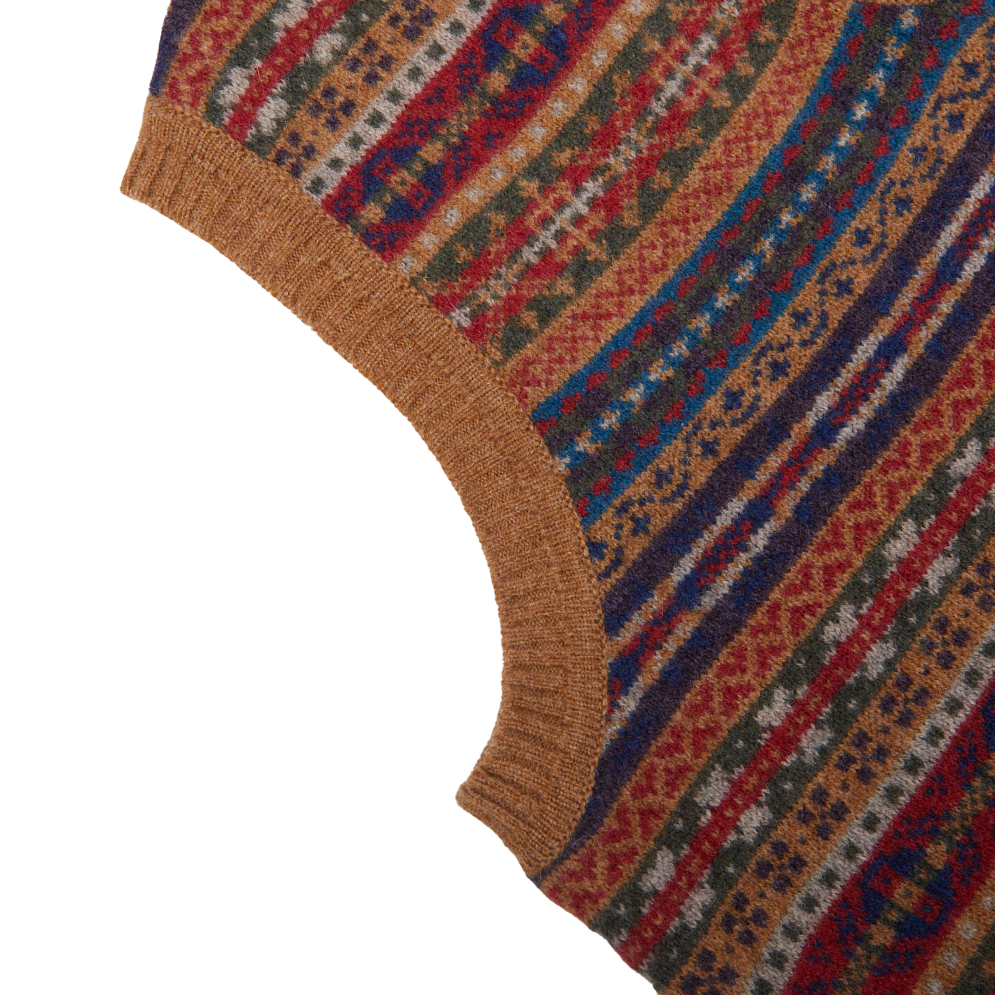 A multicolored Light Brown Fair Isle V-Neck Lambswool Slipover made from Scottish lambswool by William Lockie.