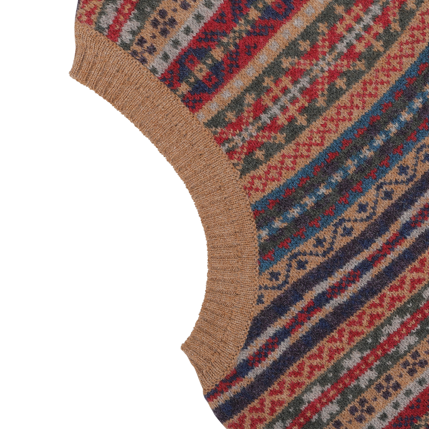 Close-up of the William Lockie Light Brown Fair Isle V-Neck Lambswool Slipover, showcasing a multi-color pattern with geometric shapes and stripes. Crafted from luxurious Scottish lambswool, this slipover features earth tones including brown, red, blue, and green.