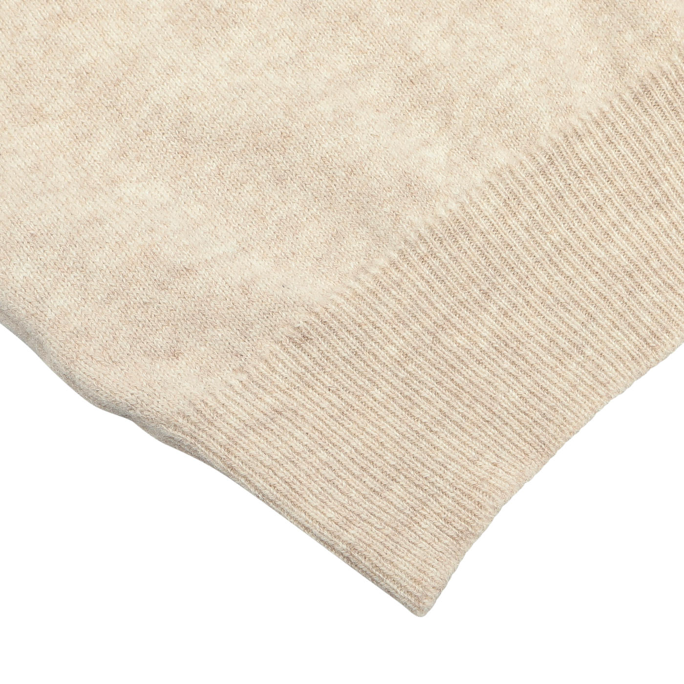 Close-up of the William Lockie Linen Beige Deep V-Neck Lambswool Sweater, showcasing a ribbed hem and soft, textured material typical of a regular fit.