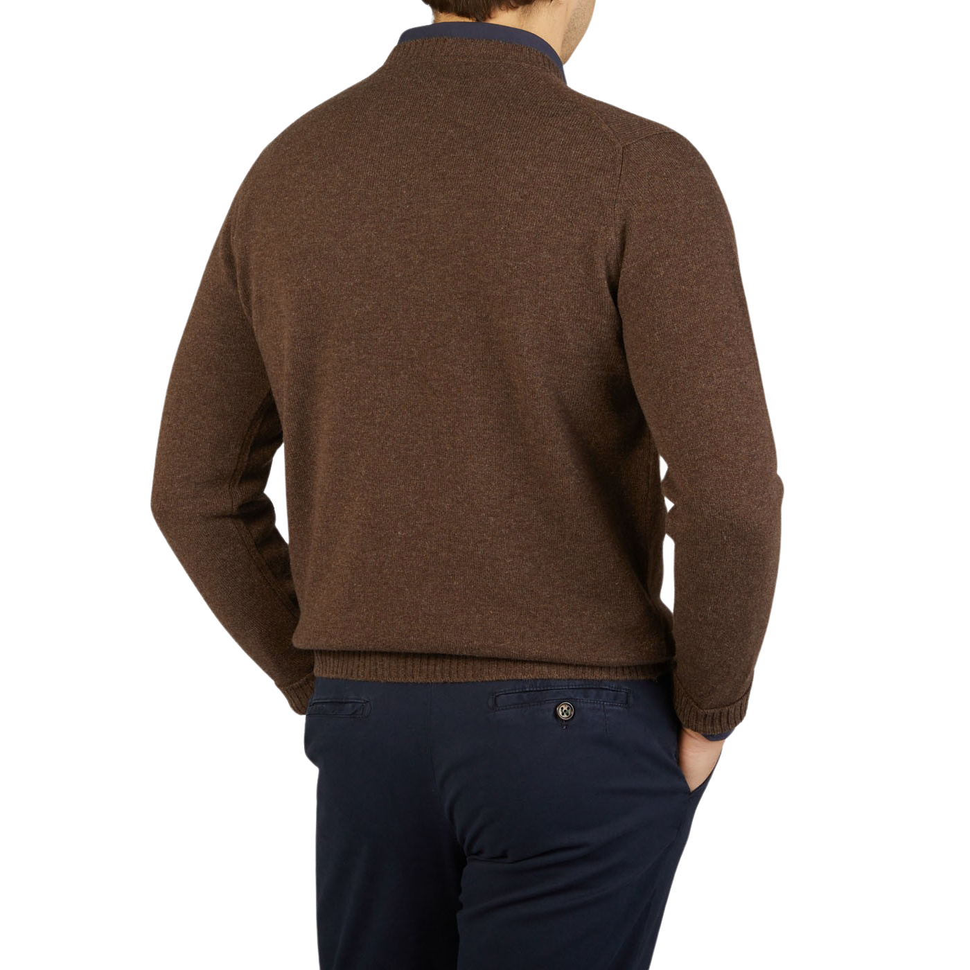 The back view of a man wearing a William Lockie Mocha Brown Crew Neck Lambswool Sweater.