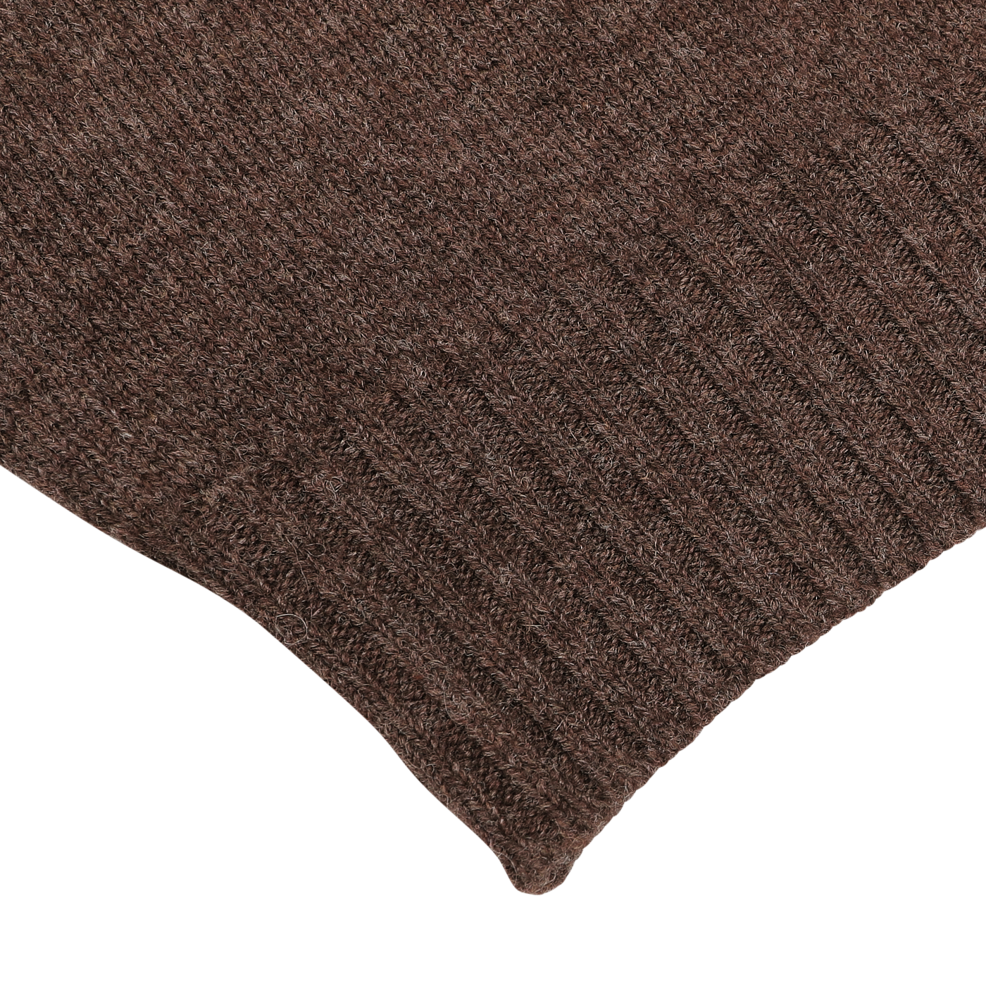 Close-up of the Mocha Brown Crew Neck Lambswool Sweater from William Lockie, showcasing its ribbed-knit fabric and detailed texture—an exemplary piece of fine Scottish lambswool knitwear.