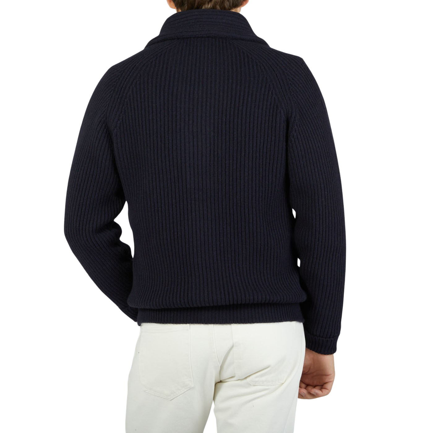The back view of a man wearing a William Lockie Navy Blue Cashmere Shawl Collar Cardigan.