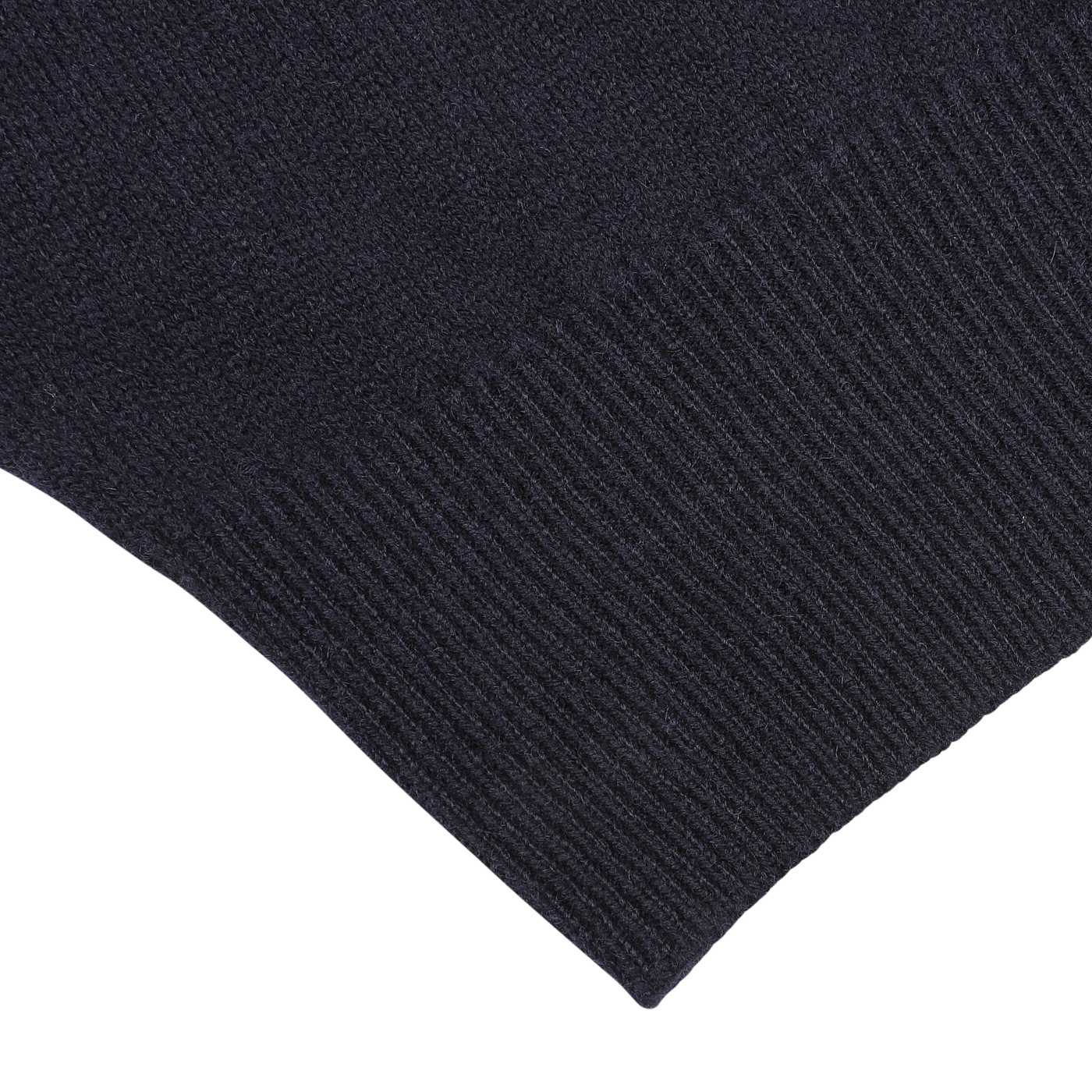 Close-up of a dark-colored knitted fabric with a ribbed hem, showcasing the intricate texture and stitching detail of this Navy Blue Deep V-Neck Lambswool Sweater by William Lockie.