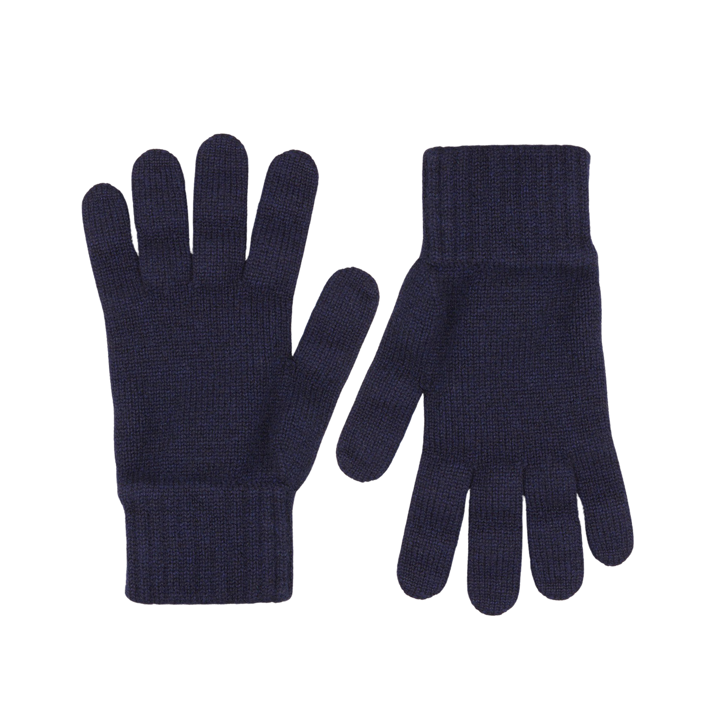 A pair of William Lockie navy blue pure cashmere gloves on a white surface.