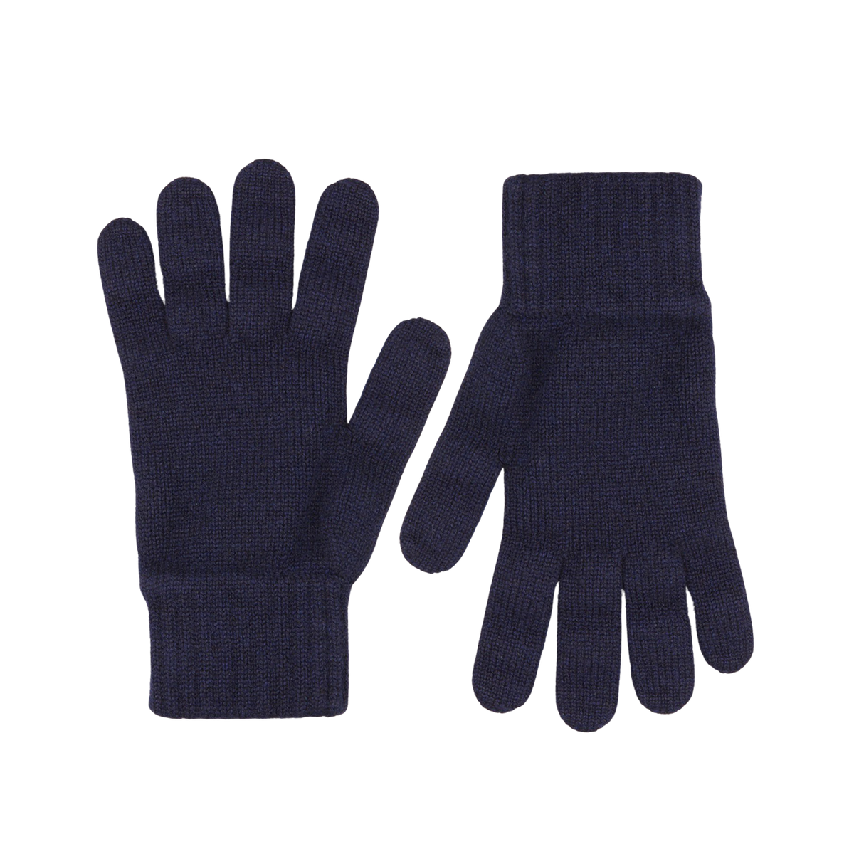 A pair of William Lockie navy blue pure cashmere gloves on a white surface.