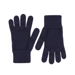 A pair of William Lockie navy blue pure cashmere gloves on a white surface.