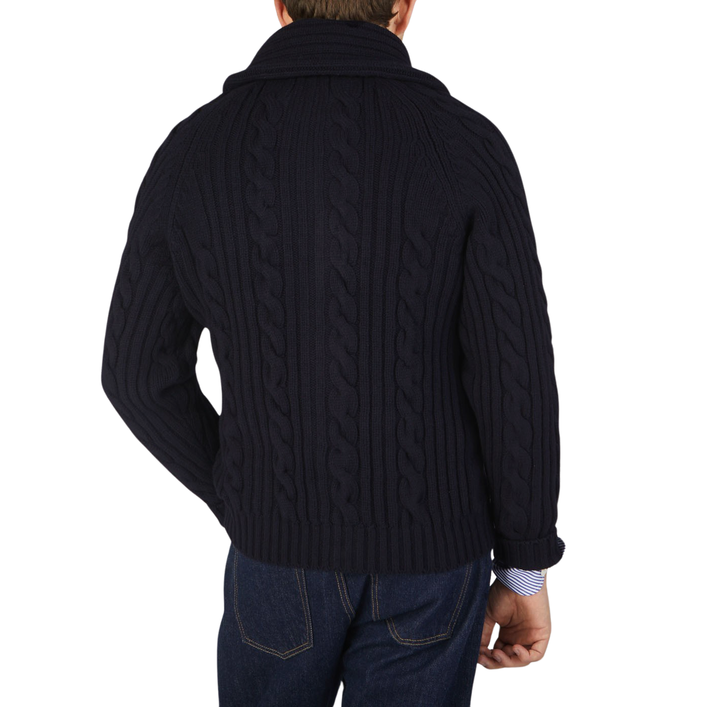 The back view of a man wearing a William Lockie Navy Cable-Knit Lambswool Shawl Collar Cardigan.