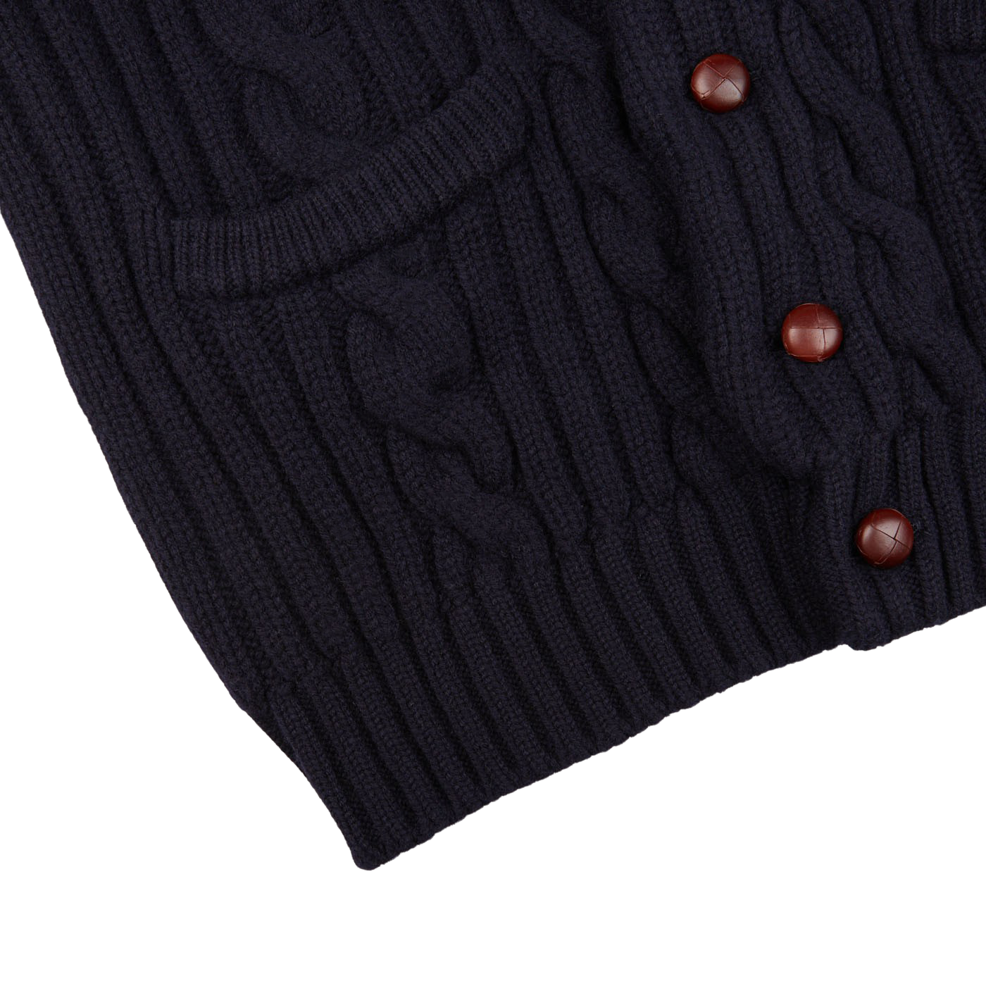 A Navy Cable-Knit Lambswool Shawl Collar Cardigan with buttons on the front manufactured by William Lockie.