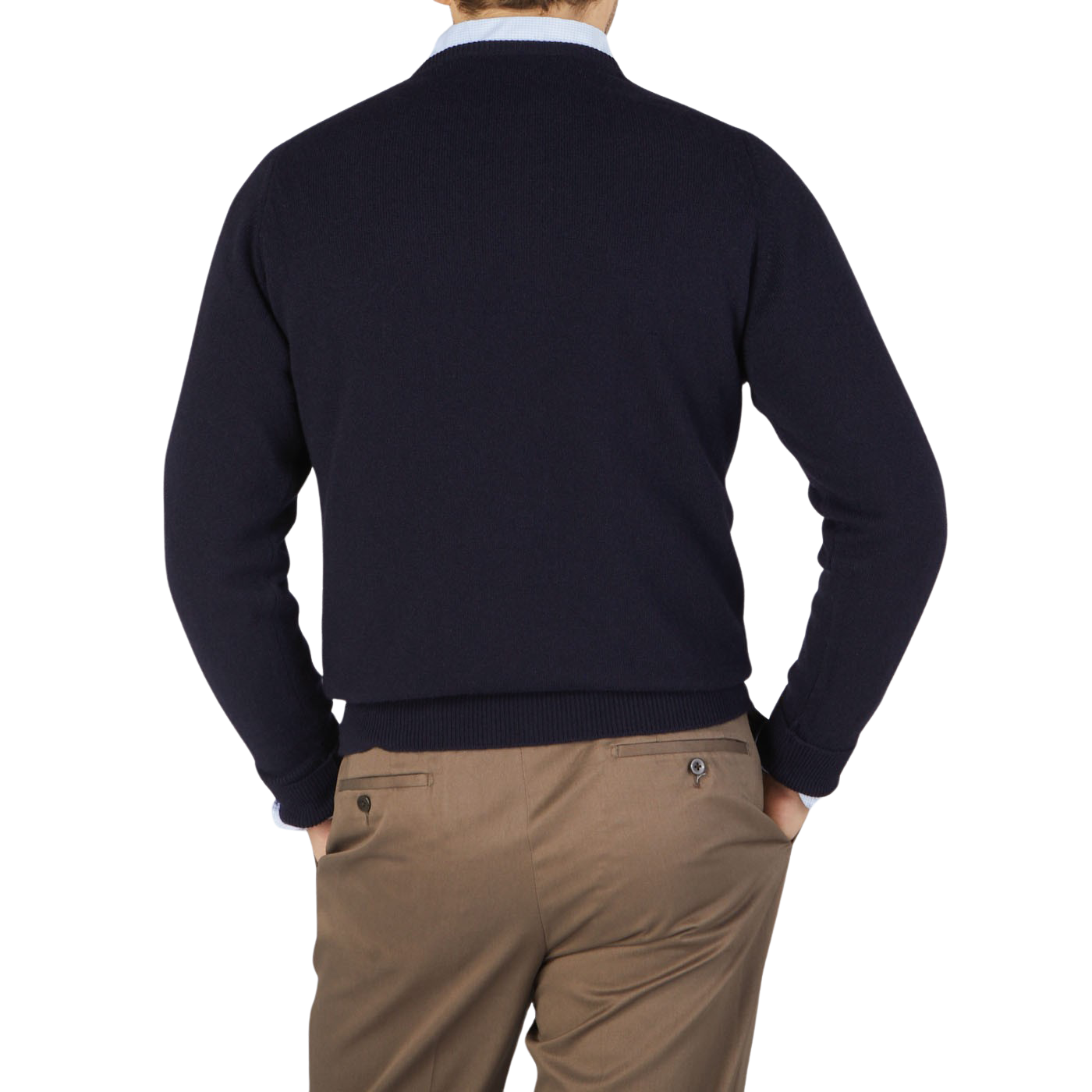 The back view of a man wearing a William Lockie Navy Crew Neck Cashmere Sweater and tan pants.