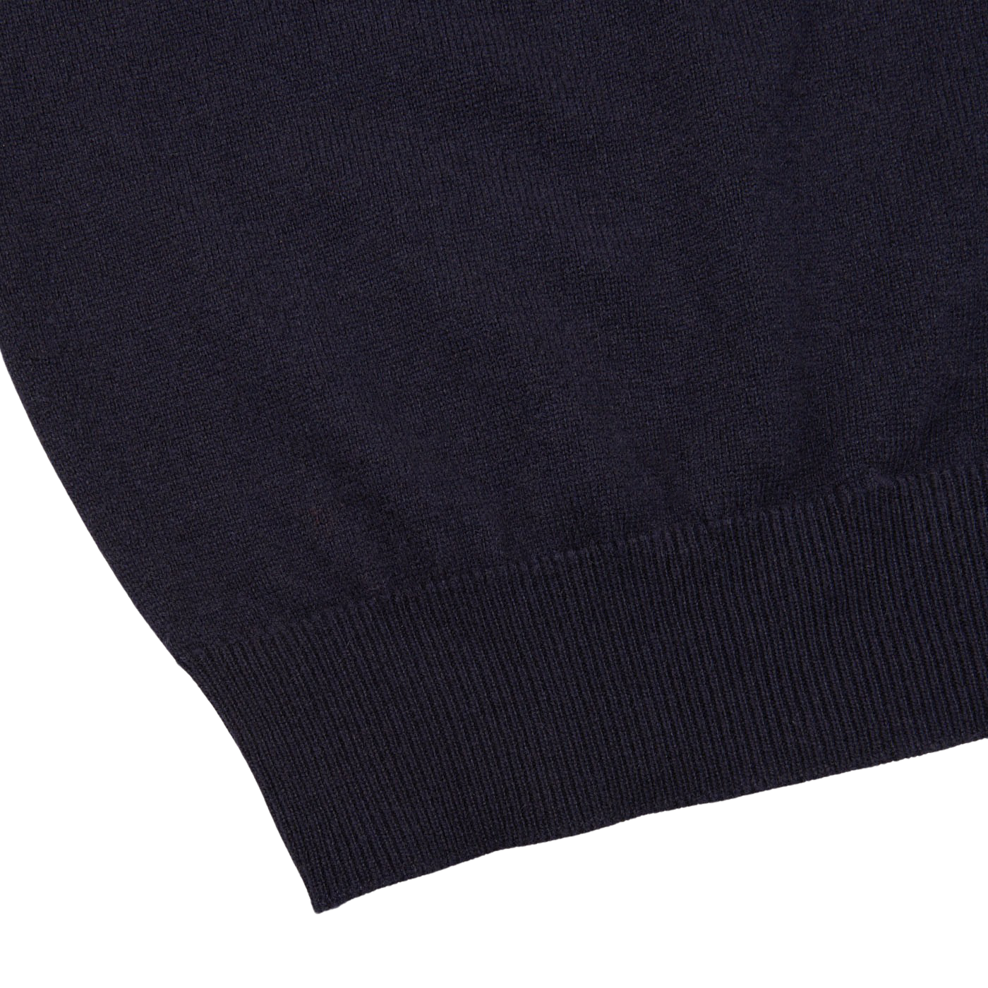 A close up of the neck of a William Lockie Navy Crew Neck Cashmere Sweater.