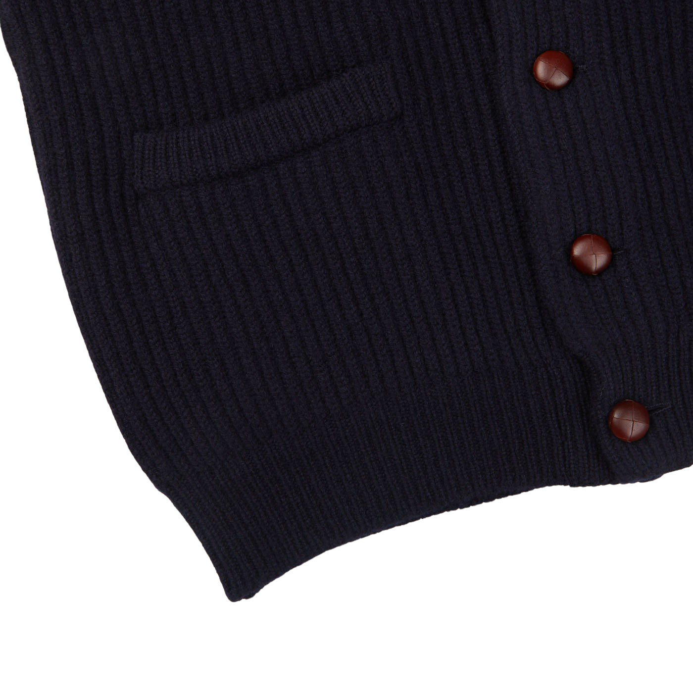 A William Lockie navy lambswool shawl collar cardigan with leather buttons.