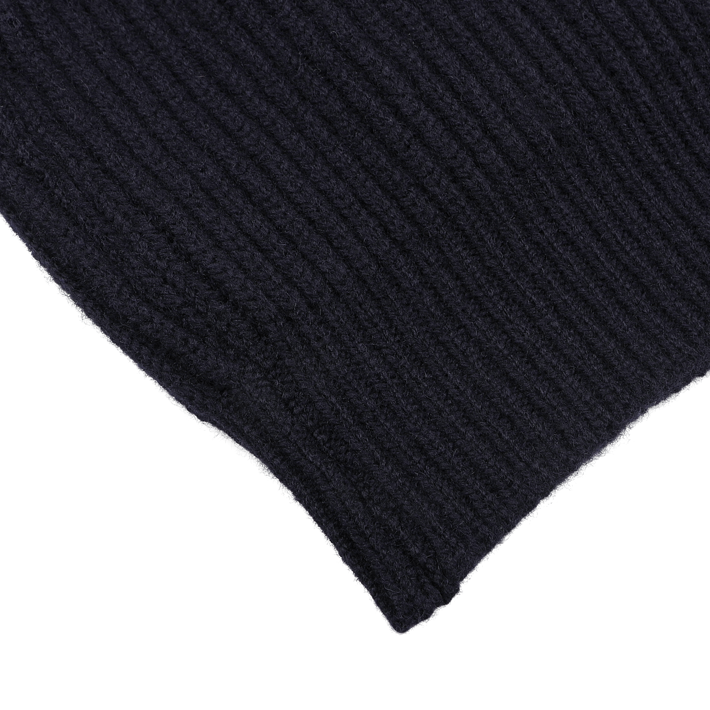 Close-up of a dark navy ribbed knit fabric with visible texture, reminiscent of the luxurious feel found in the William Lockie Navy Lambswool Shawl Collar Cardigan.