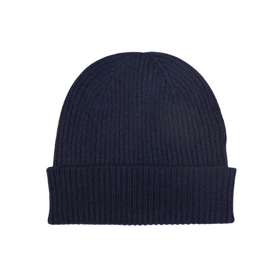 A Nero Navy Cashmere Fine Ribbed Beanie by William Lockie on a white background.