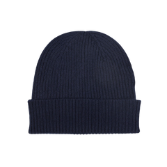 A Nero Navy Cashmere Fine Ribbed Beanie by William Lockie on a white background.