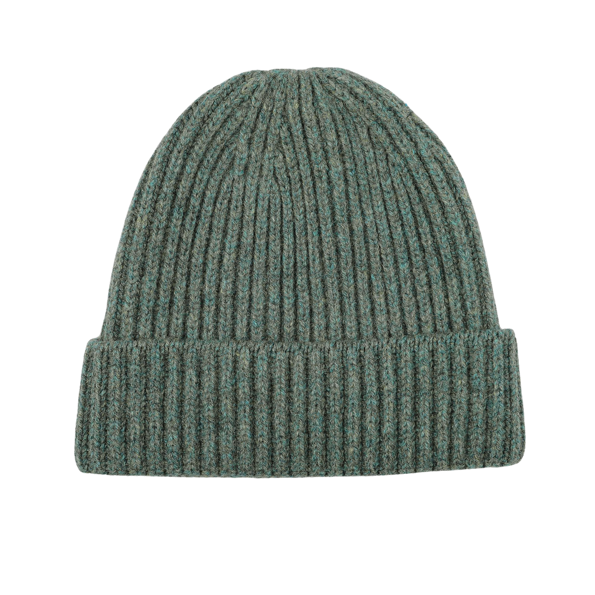 A Peacock Geelong Lambswool Ribbed Beanie by William Lockie, featuring a folded brim, showcased against a white background.