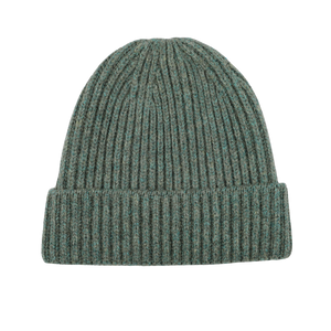 A Peacock Geelong Lambswool Ribbed Beanie by William Lockie, featuring a folded brim, showcased against a white background.