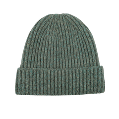 A Peacock Geelong Lambswool Ribbed Beanie by William Lockie, featuring a folded brim, showcased against a white background.