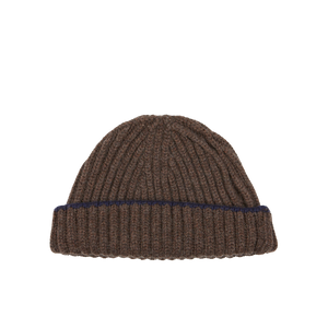 A Porcupine Blackberry Cashmere Ribbed Short Beanie with a blue stripe by William Lockie.