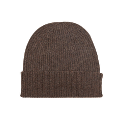 A Porcupine Brown Cashmere Fine Ribbed Beanie by William Lockie on a white background.