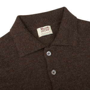 A William Lockie Porcupine Brown Knitted Cashmere Sportshirt with buttons on the collar.