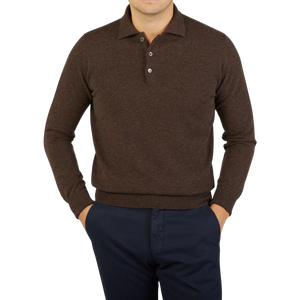 A man wearing a Porcupine Brown Knitted Cashmere Sportshirt made by William Lockie.