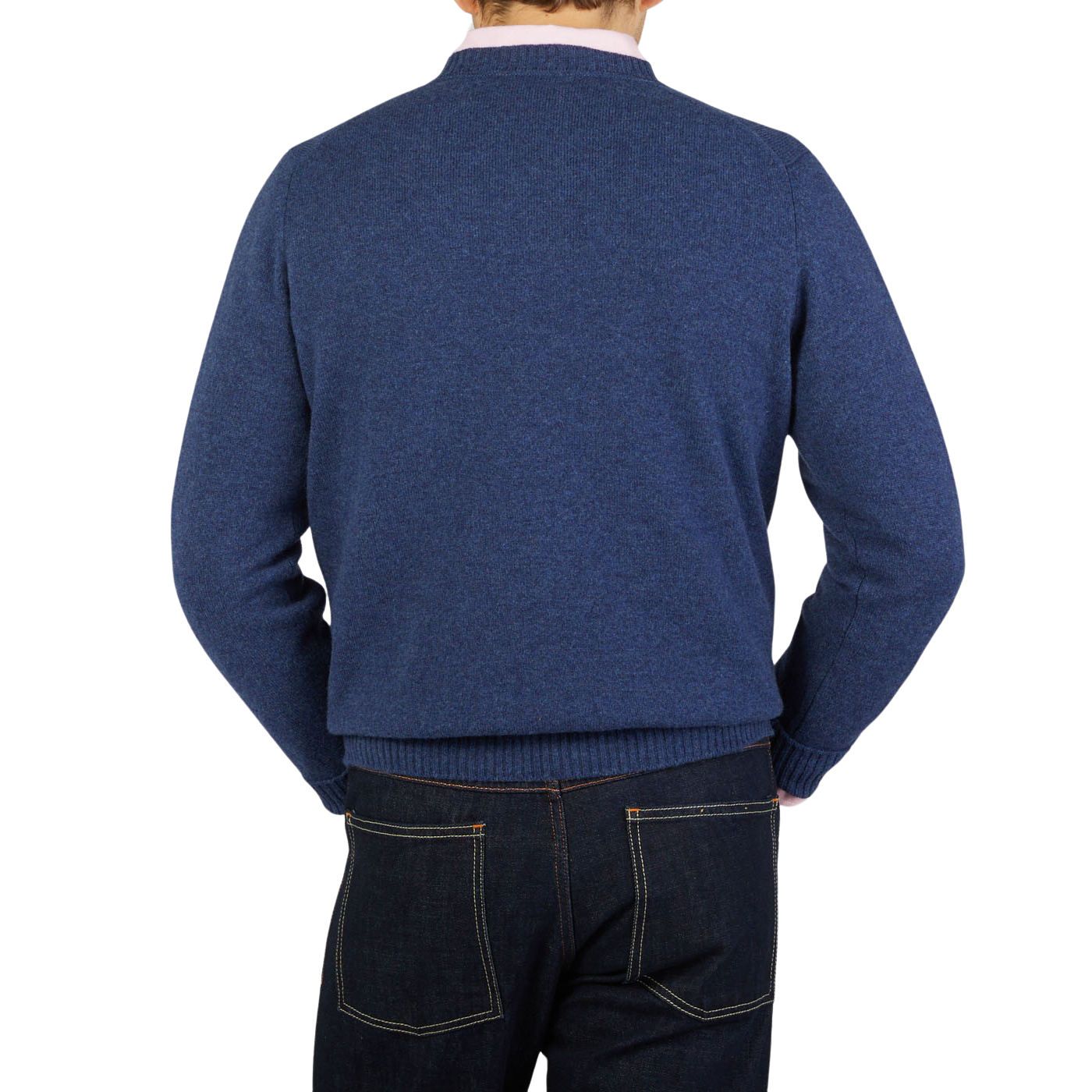 The back view of a man wearing a William Lockie Rhapsody Blue Crew Neck Lambswool Sweater.