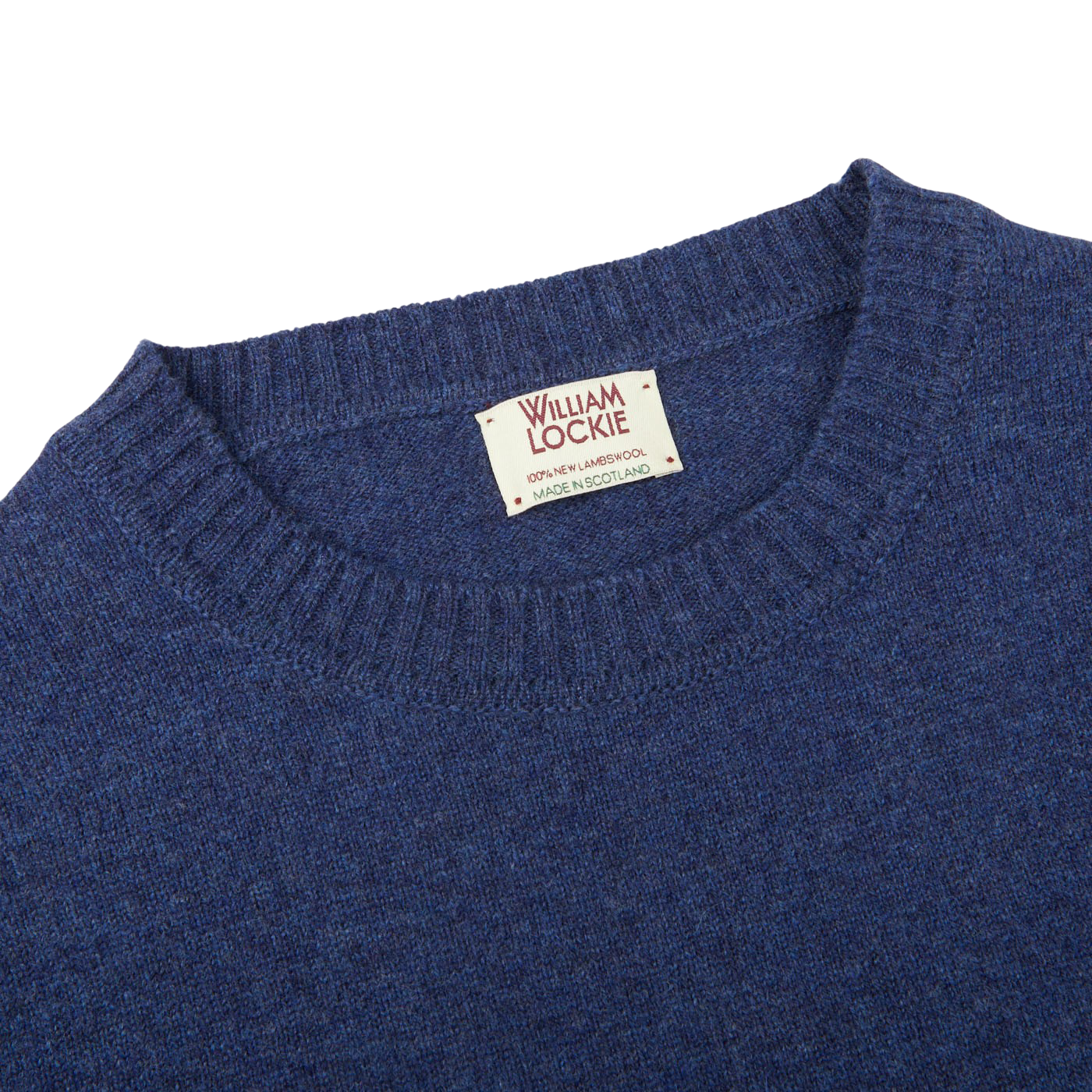 A William Lockie Rhapsody Blue Crew Neck Lambswool Sweater with a label on it.