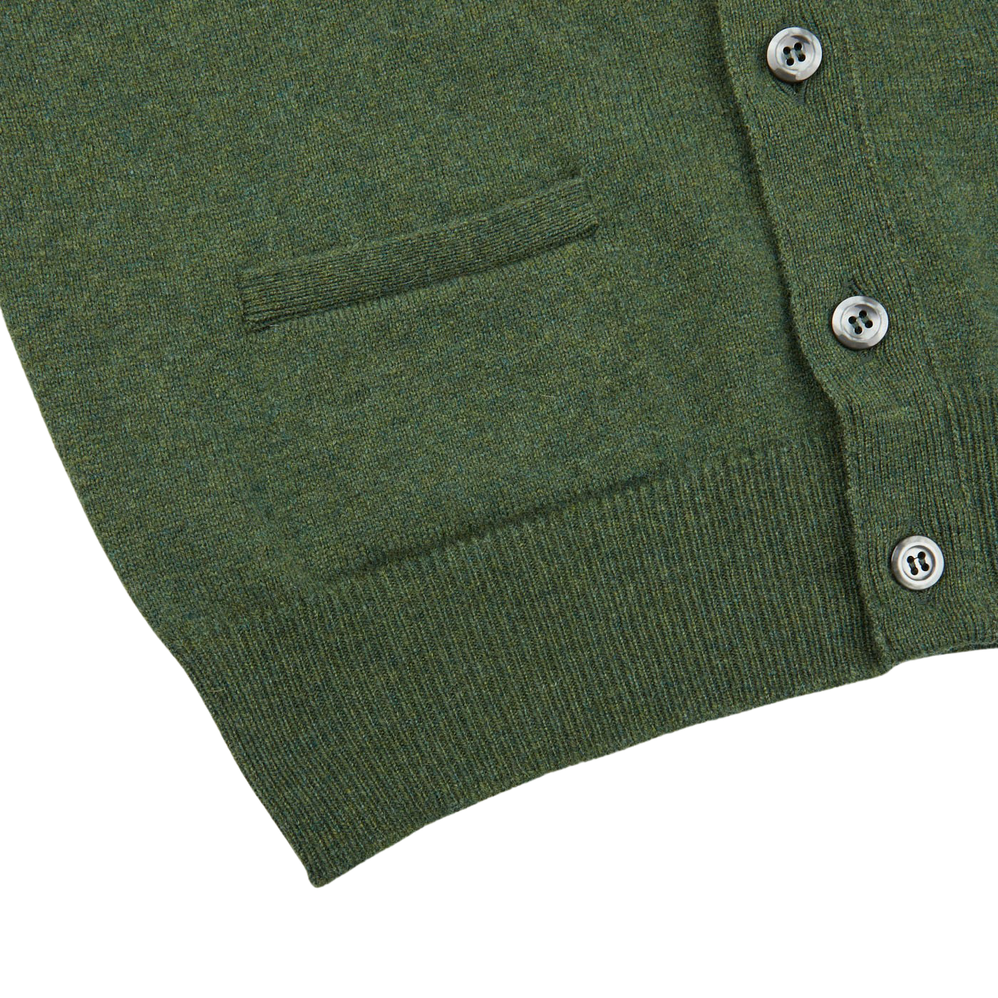 A layering-friendly Rosemary Green Lambswool Saddle Shoulder Cardigan with buttons on the front, made of Scottish lambswool by William Lockie.