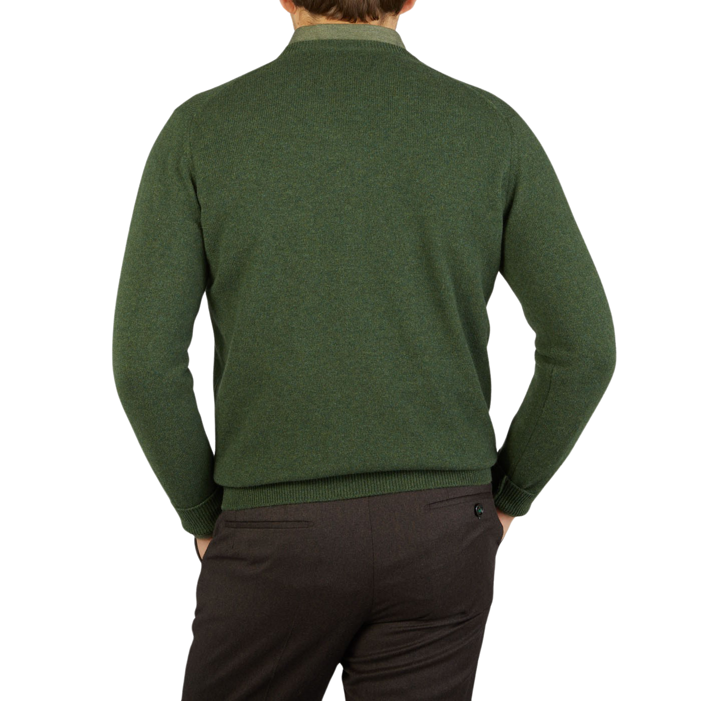 The back view of a man wearing a Rosemary Green V-Neck Lambswool Sweater by William Lockie, radiating warmth.