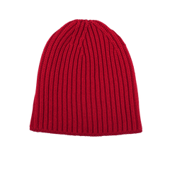 Indulge in the luxurious warmth of a William Lockie Ruby Red Cashmere Short Ribbed Beanie, beautifully showcased on a pristine white background.